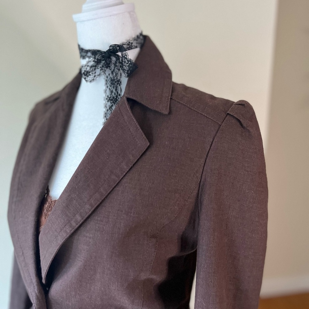 Vintage 2000s Designer Max Azria Euro Minimalist Brown Linen Blazer Jacket S - Picture 6 of 11